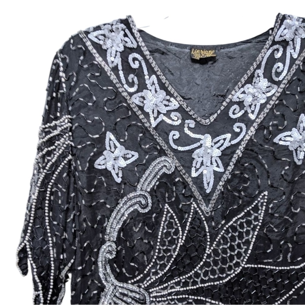VINTAGE Linsiano Sequin Bead Shark Bite Hem Top L - Picture 2 of 9